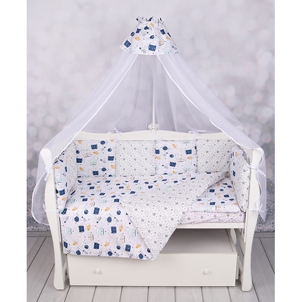 Комплект постели WB Premium в кроватку AmaroBaby Космос, 15 предметов, бязь